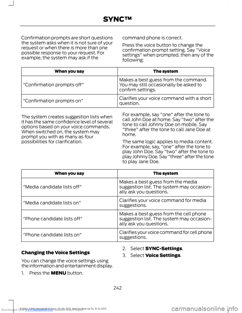 FORD B MAX 2013 1.G Owners Manual Downloaded from www.Manualslib.com manuals search engine Confirmation prompts are short questionsthe system asks when it is not sure of yourrequest or when there is more than onepossible response to y FORD B MAX 2013 1.G Owners Manual Downloaded from www.Manualslib.com manuals search engine Confirmation prompts are short questionsthe system asks when it is not sure of yourrequest or when there is more than onepossible response to y