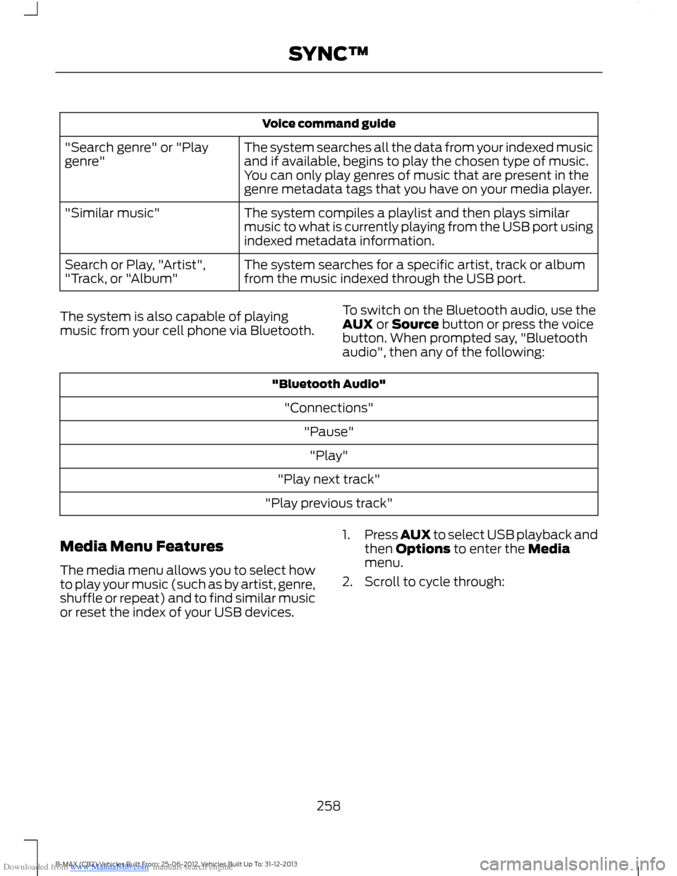 FORD B MAX 2013 1.G Owners Manual Downloaded from www.Manualslib.com manuals search engine Voice command guide
The system searches all the data from your indexed musicand if available, begins to play the chosen type of music.You can o FORD B MAX 2013 1.G Owners Manual Downloaded from www.Manualslib.com manuals search engine Voice command guide
The system searches all the data from your indexed musicand if available, begins to play the chosen type of music.You can o
