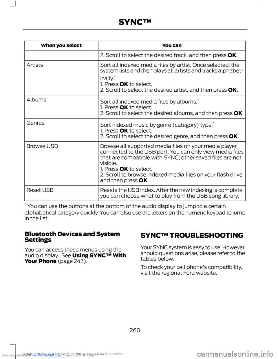 FORD B MAX 2013 1.G Owners Manual Downloaded from www.Manualslib.com manuals search engine You canWhen you select
2. Scroll to select the desired track, and then press OK.
Sort all indexed media files by artist. Once selected, thesyst