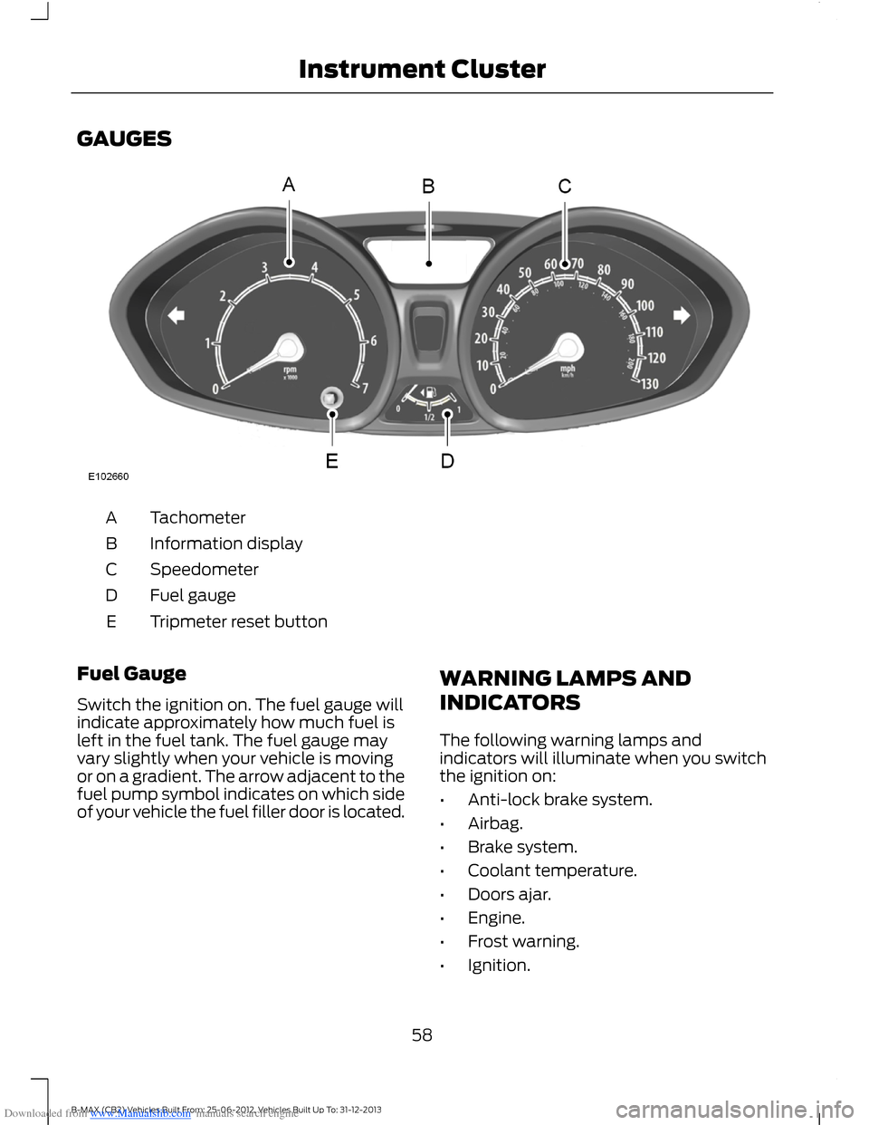 FORD B MAX 2013 1.G Owners Guide Downloaded from www.Manualslib.com manuals search engine GAUGES
TachometerA
Information displayB
SpeedometerC
Fuel gaugeD
Tripmeter reset buttonE
Fuel Gauge
Switch the ignition on. The fuel gauge will