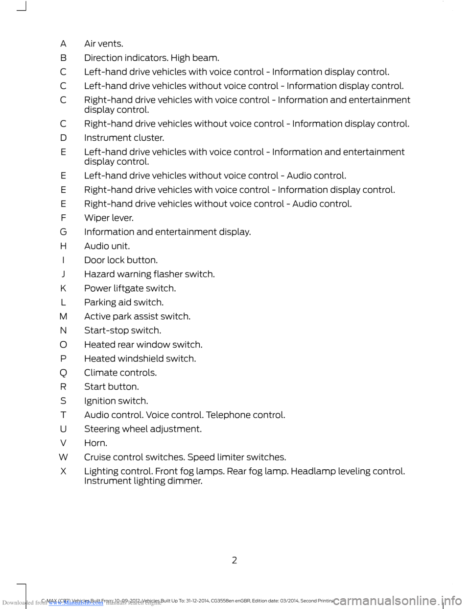 FORD C MAX 2014 2.G Quick Reference Guide Downloaded from www.Manualslib.com manuals search engine Air vents.A
Direction indicators. High beam.B
Left-hand drive vehicles with voice control - Information display control.C
Left-hand drive vehic FORD C MAX 2014 2.G Quick Reference Guide Downloaded from www.Manualslib.com manuals search engine Air vents.A
Direction indicators. High beam.B
Left-hand drive vehicles with voice control - Information display control.C
Left-hand drive vehic