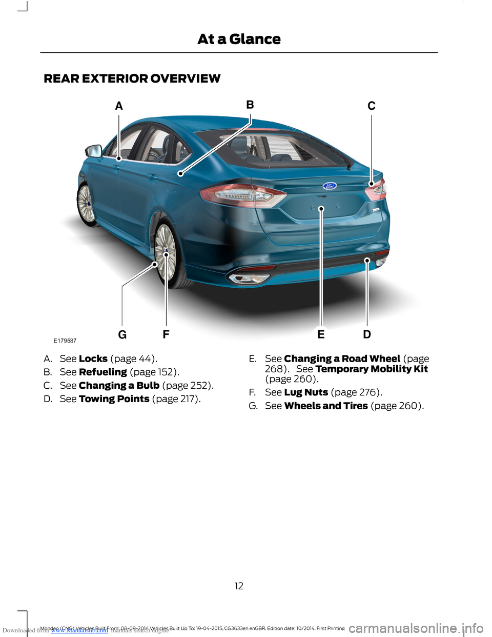 FORD MONDEO 2014 4.G Owners Manual Downloaded from www.Manualslib.com manuals search engine REAR EXTERIOR OVERVIEW
A.See Locks (page 44).
B.See Refueling (page 152).
C.See Changing a Bulb (page 252).
D.See Towing Points (page 217).
E.S