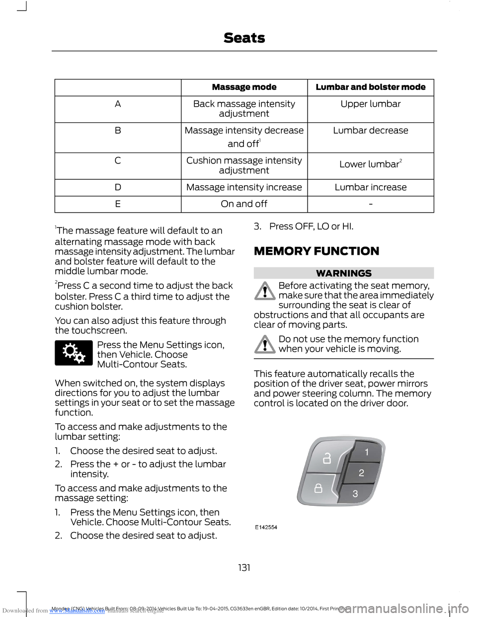 FORD MONDEO 2014 4.G Owners Manual Downloaded from www.Manualslib.com manuals search engine Lumbar and bolster modeMassage mode
Upper lumbarBack massage intensityadjustmentA
Lumbar decreaseMassage intensity decrease
and off1B
Lower lum FORD MONDEO 2014 4.G Owners Manual Downloaded from www.Manualslib.com manuals search engine Lumbar and bolster modeMassage mode
Upper lumbarBack massage intensityadjustmentA
Lumbar decreaseMassage intensity decrease
and off1B
Lower lum