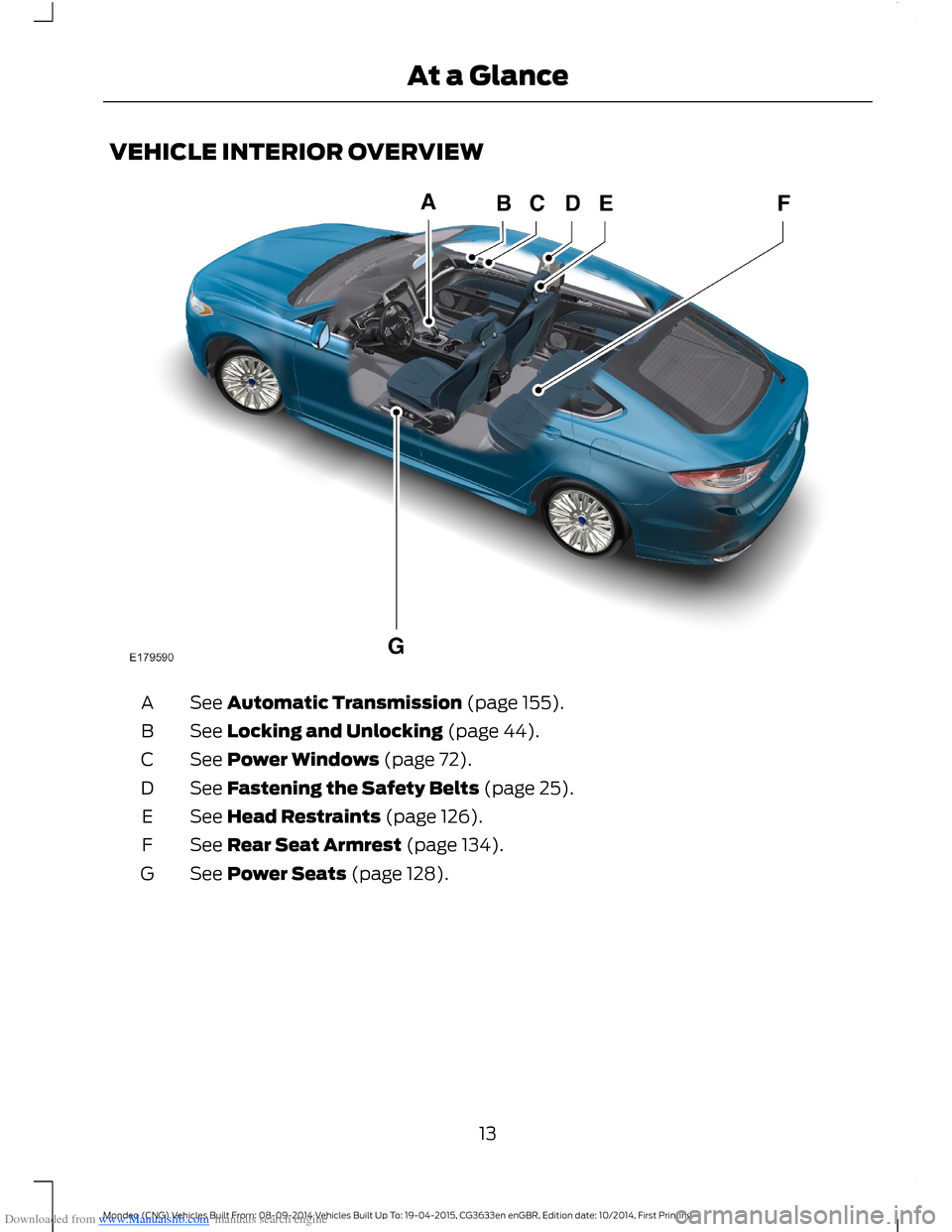 FORD MONDEO 2014 4.G User Guide Downloaded from www.Manualslib.com manuals search engine VEHICLE INTERIOR OVERVIEW
See Automatic Transmission (page 155).A
See Locking and Unlocking (page 44).B
See Power Windows (page 72).C
See Faste FORD MONDEO 2014 4.G User Guide Downloaded from www.Manualslib.com manuals search engine VEHICLE INTERIOR OVERVIEW
See Automatic Transmission (page 155).A
See Locking and Unlocking (page 44).B
See Power Windows (page 72).C
See Faste