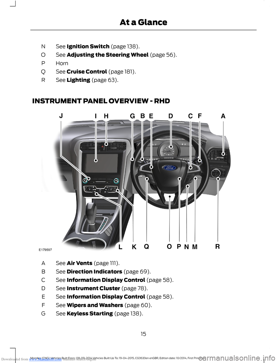 FORD MONDEO 2014 4.G User Guide Downloaded from www.Manualslib.com manuals search engine See Ignition Switch (page 138).N
See Adjusting the Steering Wheel (page 56).O
HornP
See Cruise Control (page 181).Q
See Lighting (page 63).R
IN FORD MONDEO 2014 4.G User Guide Downloaded from www.Manualslib.com manuals search engine See Ignition Switch (page 138).N
See Adjusting the Steering Wheel (page 56).O
HornP
See Cruise Control (page 181).Q
See Lighting (page 63).R
IN
