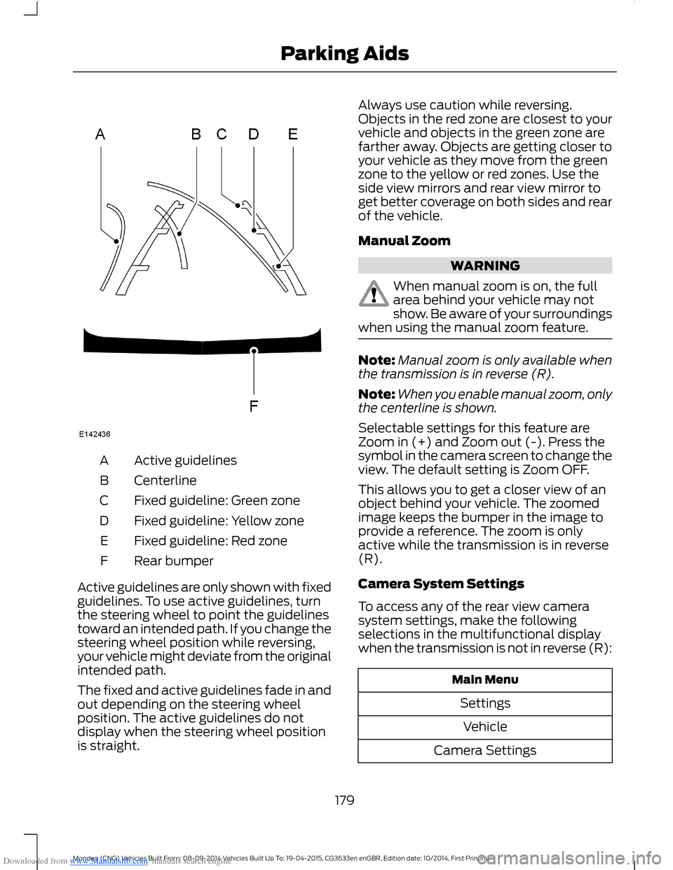 FORD MONDEO 2014 4.G Owners Manual Downloaded from www.Manualslib.com manuals search engine Active guidelinesA
CenterlineB
Fixed guideline: Green zoneC
Fixed guideline: Yellow zoneD
Fixed guideline: Red zoneE
Rear bumperF
Active guidel