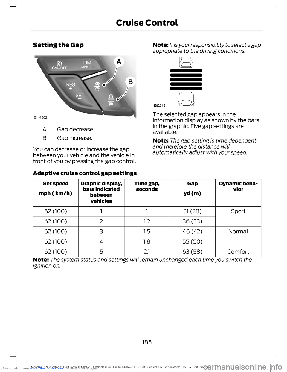 FORD MONDEO 2014 4.G Owners Manual Downloaded from www.Manualslib.com manuals search engine Setting the Gap
Gap decrease.A
Gap increase.B
You can decrease or increase the gapbetween your vehicle and the vehicle infront of you by pressi