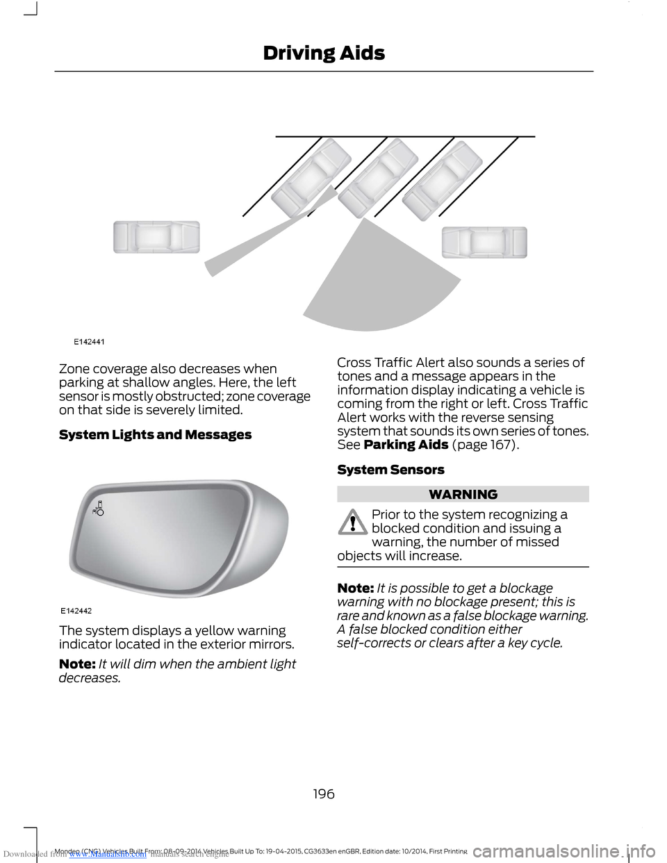 FORD MONDEO 2014 4.G Owners Manual Downloaded from www.Manualslib.com manuals search engine Zone coverage also decreases whenparking at shallow angles. Here, the leftsensor is mostly obstructed; zone coverageon that side is severely li FORD MONDEO 2014 4.G Owners Manual Downloaded from www.Manualslib.com manuals search engine Zone coverage also decreases whenparking at shallow angles. Here, the leftsensor is mostly obstructed; zone coverageon that side is severely li