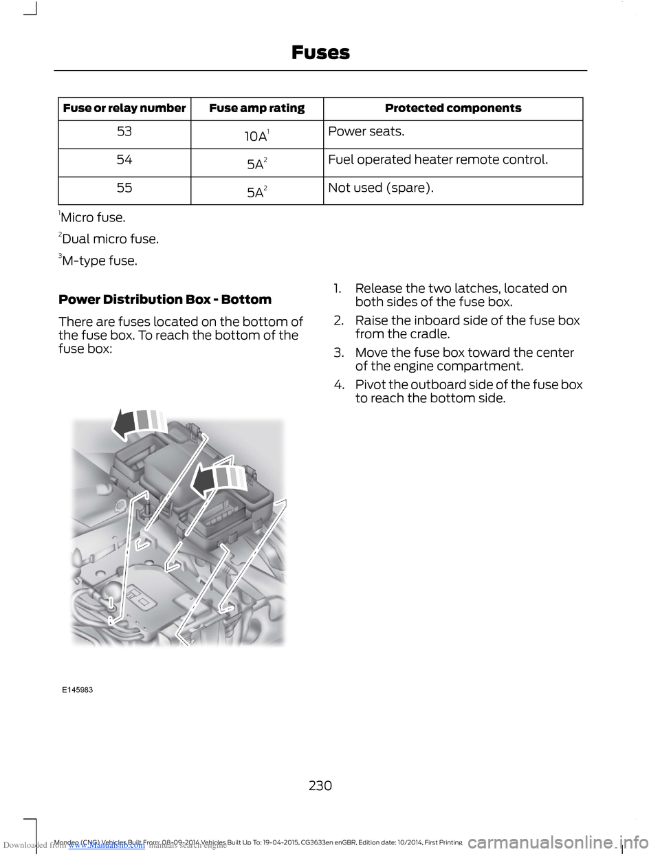 FORD MONDEO 2014 4.G Owners Manual Downloaded from www.Manualslib.com manuals search engine Protected componentsFuse amp ratingFuse or relay number
Power seats.10A153
Fuel operated heater remote control.5A254
Not used (spare).5A255
1Mi FORD MONDEO 2014 4.G Owners Manual Downloaded from www.Manualslib.com manuals search engine Protected componentsFuse amp ratingFuse or relay number
Power seats.10A153
Fuel operated heater remote control.5A254
Not used (spare).5A255
1Mi
