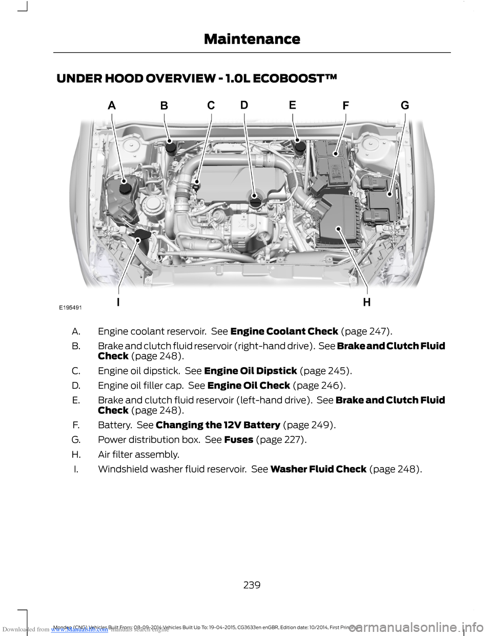 FORD MONDEO 2014 4.G Owners Manual Downloaded from www.Manualslib.com manuals search engine UNDER HOOD OVERVIEW - 1.0L ECOBOOST™
Engine coolant reservoir. See Engine Coolant Check (page 247).A.
Brake and clutch fluid reservoir (right FORD MONDEO 2014 4.G Owners Manual Downloaded from www.Manualslib.com manuals search engine UNDER HOOD OVERVIEW - 1.0L ECOBOOST™
Engine coolant reservoir. See Engine Coolant Check (page 247).A.
Brake and clutch fluid reservoir (right