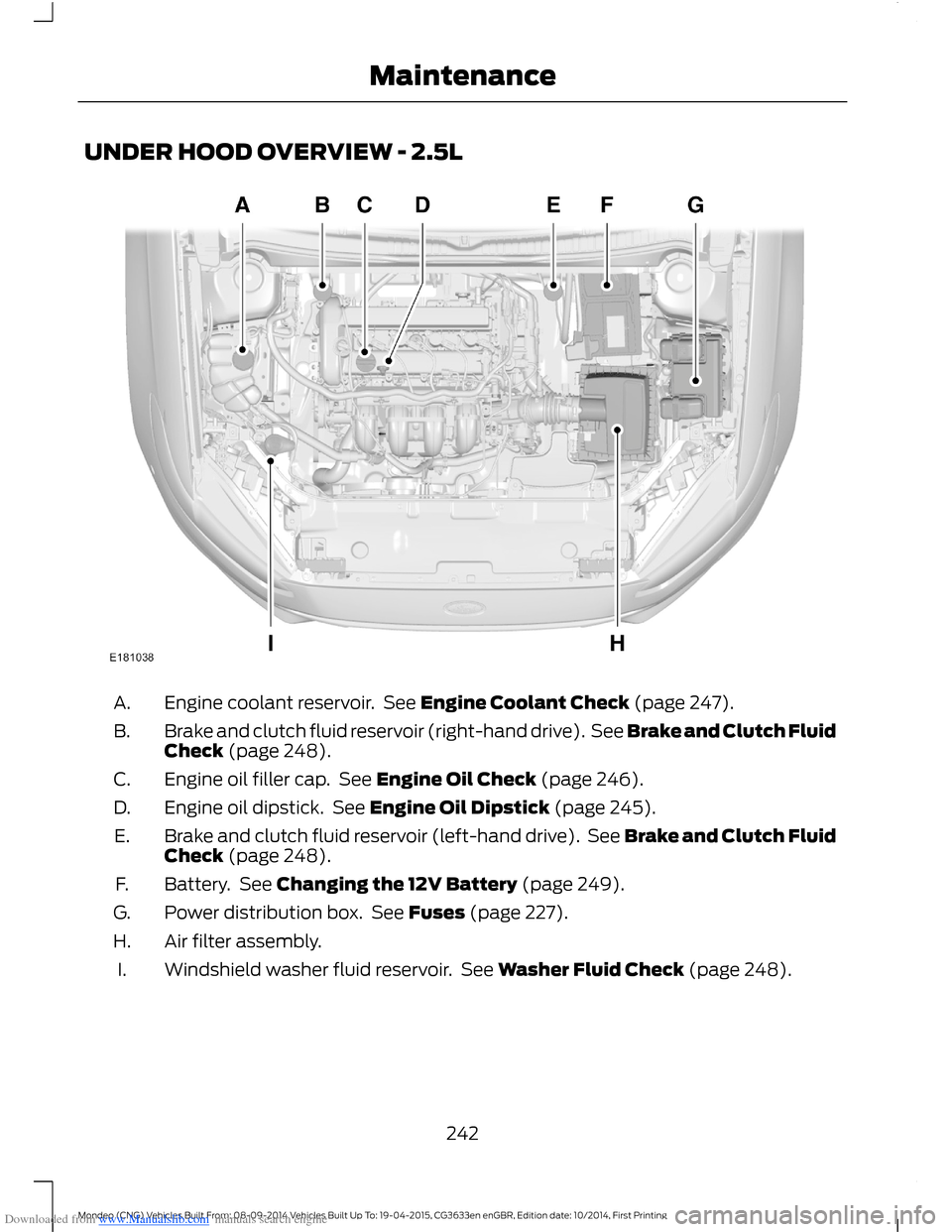 FORD MONDEO 2014 4.G User Guide Downloaded from www.Manualslib.com manuals search engine UNDER HOOD OVERVIEW - 2.5L
Engine coolant reservoir. See Engine Coolant Check (page 247).A.
Brake and clutch fluid reservoir (right-hand drive)