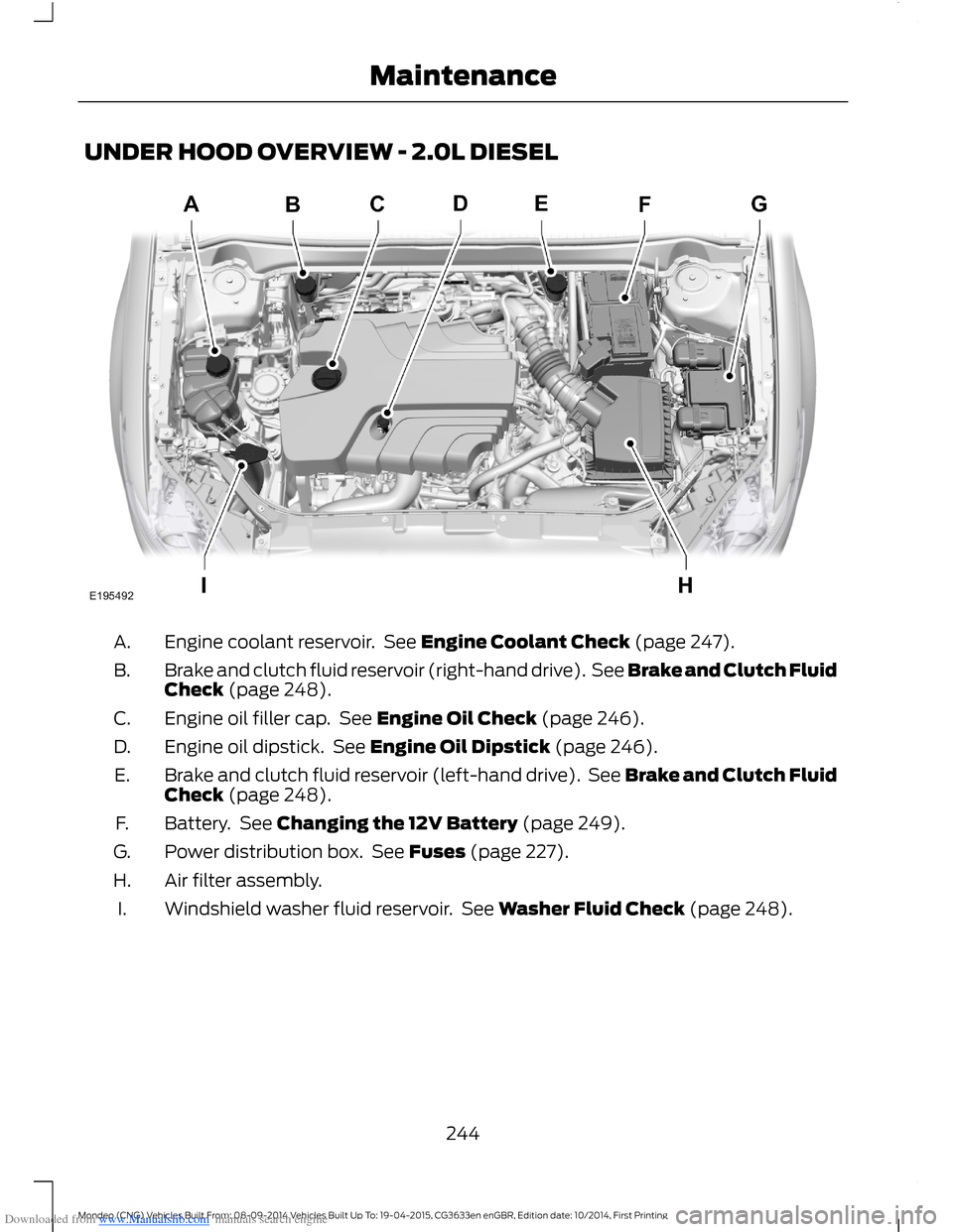 FORD MONDEO 2014 4.G Owners Manual Downloaded from www.Manualslib.com manuals search engine UNDER HOOD OVERVIEW - 2.0L DIESEL
Engine coolant reservoir. See Engine Coolant Check (page 247).A.
Brake and clutch fluid reservoir (right-hand FORD MONDEO 2014 4.G Owners Manual Downloaded from www.Manualslib.com manuals search engine UNDER HOOD OVERVIEW - 2.0L DIESEL
Engine coolant reservoir. See Engine Coolant Check (page 247).A.
Brake and clutch fluid reservoir (right-hand