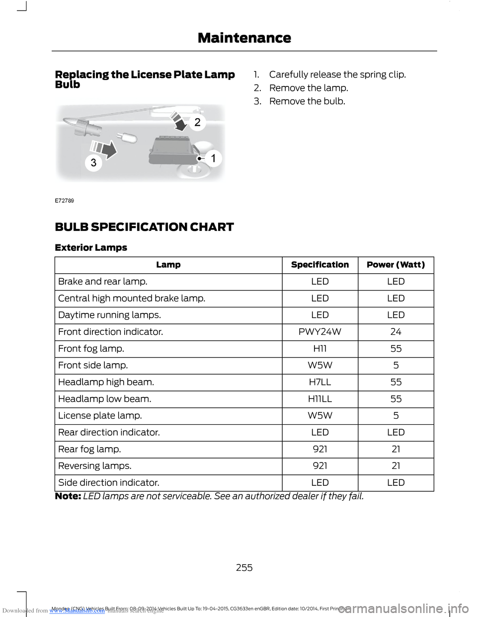 FORD MONDEO 2014 4.G Owners Manual Downloaded from www.Manualslib.com manuals search engine Replacing the License Plate LampBulb1.Carefully release the spring clip.
2.Remove the lamp.
3.Remove the bulb.
BULB SPECIFICATION CHART
Exterio FORD MONDEO 2014 4.G Owners Manual Downloaded from www.Manualslib.com manuals search engine Replacing the License Plate LampBulb1.Carefully release the spring clip.
2.Remove the lamp.
3.Remove the bulb.
BULB SPECIFICATION CHART
Exterio