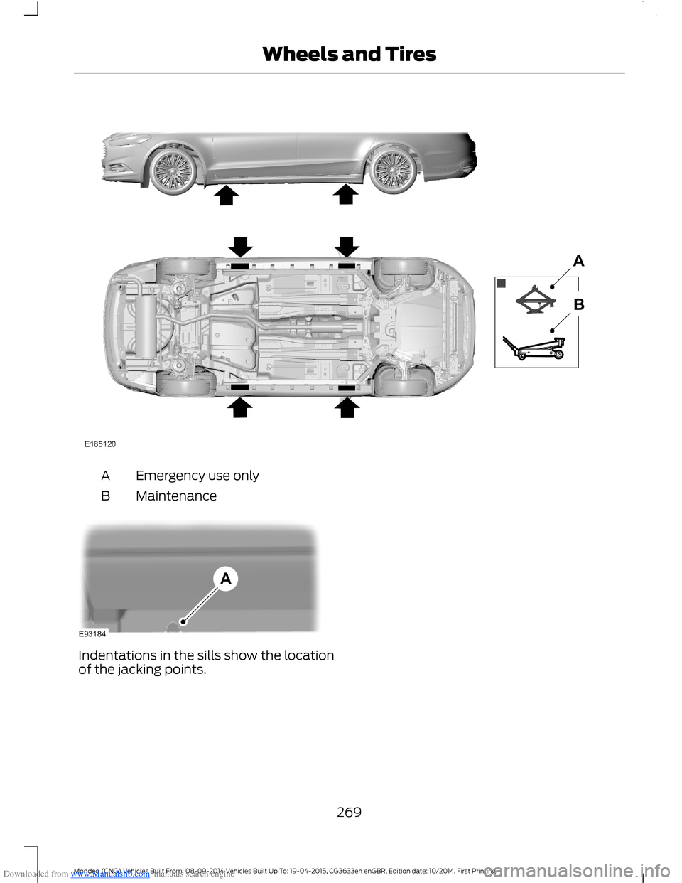 FORD MONDEO 2014 4.G Owners Manual Downloaded from www.Manualslib.com manuals search engine Emergency use onlyA
MaintenanceB
Indentations in the sills show the locationof the jacking points.
269Mondeo (CNG) Vehicles Built From: 08-09-2 FORD MONDEO 2014 4.G Owners Manual Downloaded from www.Manualslib.com manuals search engine Emergency use onlyA
MaintenanceB
Indentations in the sills show the locationof the jacking points.
269Mondeo (CNG) Vehicles Built From: 08-09-2