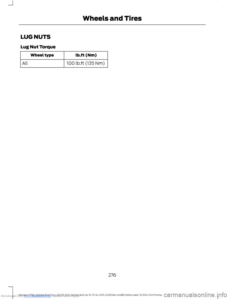 FORD MONDEO 2014 4.G Owners Manual Downloaded from www.Manualslib.com manuals search engine LUG NUTS
Lug Nut Torque
lb.ft (Nm)Wheel type
100 lb.ft (135 Nm)All
276Mondeo (CNG) Vehicles Built From: 08-09-2014 Vehicles Built Up To: 19-04 FORD MONDEO 2014 4.G Owners Manual Downloaded from www.Manualslib.com manuals search engine LUG NUTS
Lug Nut Torque
lb.ft (Nm)Wheel type
100 lb.ft (135 Nm)All
276Mondeo (CNG) Vehicles Built From: 08-09-2014 Vehicles Built Up To: 19-04