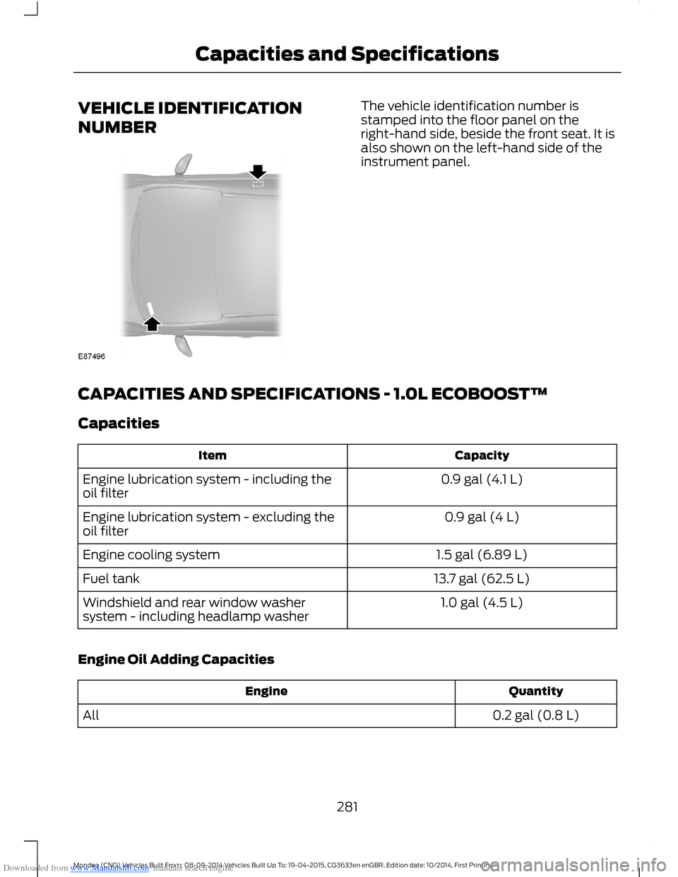 FORD MONDEO 2014 4.G Owners Manual Downloaded from www.Manualslib.com manuals search engine VEHICLE IDENTIFICATION
NUMBER
The vehicle identification number isstamped into the floor panel on theright-hand side, beside the front seat. It FORD MONDEO 2014 4.G Owners Manual Downloaded from www.Manualslib.com manuals search engine VEHICLE IDENTIFICATION
NUMBER
The vehicle identification number isstamped into the floor panel on theright-hand side, beside the front seat. It