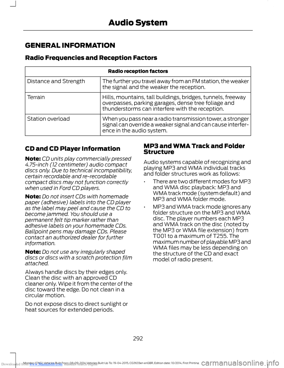 FORD MONDEO 2014 4.G Owners Manual Downloaded from www.Manualslib.com manuals search engine GENERAL INFORMATION
Radio Frequencies and Reception Factors
Radio reception factors
The further you travel away from an FM station, the weakert FORD MONDEO 2014 4.G Owners Manual Downloaded from www.Manualslib.com manuals search engine GENERAL INFORMATION
Radio Frequencies and Reception Factors
Radio reception factors
The further you travel away from an FM station, the weakert