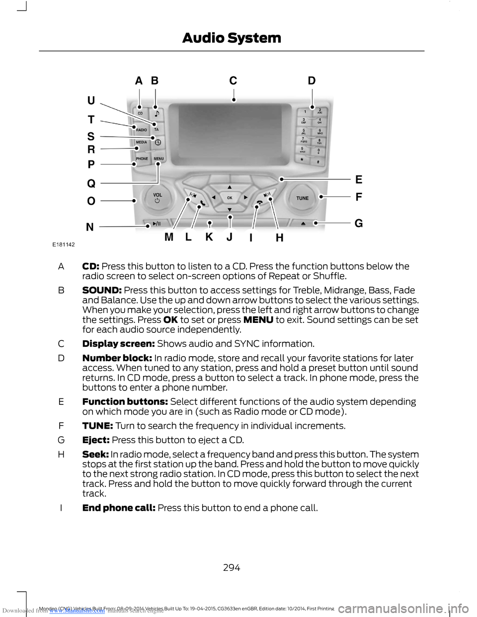 FORD MONDEO 2014 4.G Owners Manual Downloaded from www.Manualslib.com manuals search engine CD: Press this button to listen to a CD. Press the function buttons below theradio screen to select on-screen options of Repeat or Shuffle.A
SO FORD MONDEO 2014 4.G Owners Manual Downloaded from www.Manualslib.com manuals search engine CD: Press this button to listen to a CD. Press the function buttons below theradio screen to select on-screen options of Repeat or Shuffle.A
SO