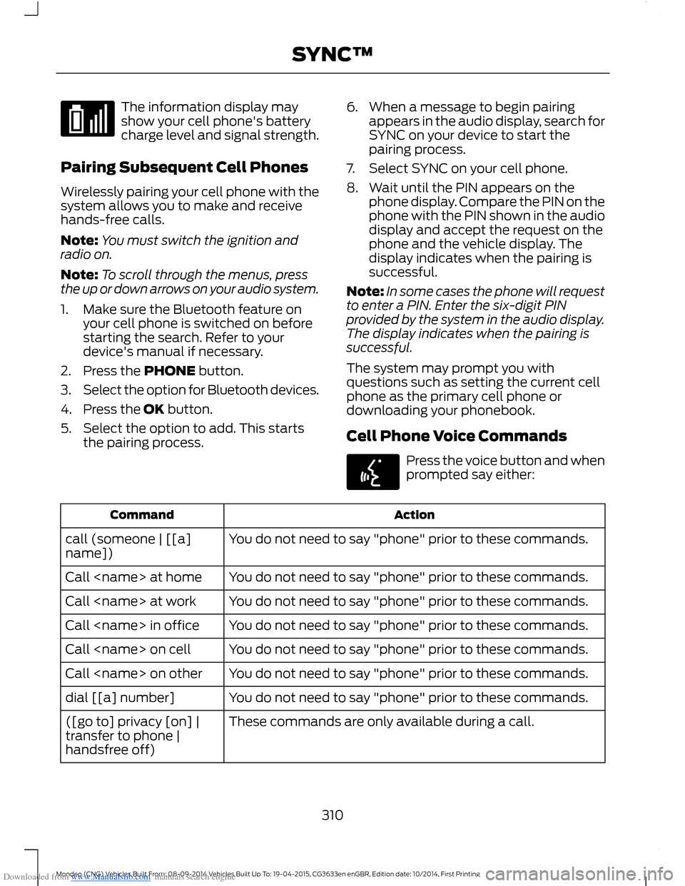 FORD MONDEO 2014 4.G Owners Manual Downloaded from www.Manualslib.com manuals search engine The information display mayshow your cell phones batterycharge level and signal strength.
Pairing Subsequent Cell Phones
Wirelessly pairing yo