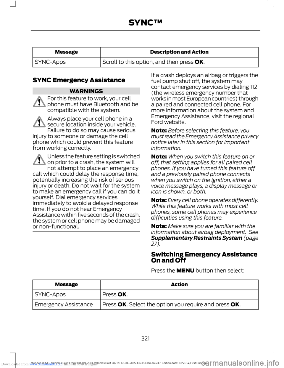 FORD MONDEO 2014 4.G Owners Manual Downloaded from www.Manualslib.com manuals search engine Description and ActionMessage
Scroll to this option, and then press OK.SYNC-Apps
SYNC Emergency Assistance
WARNINGS
For this feature to work, y FORD MONDEO 2014 4.G Owners Manual Downloaded from www.Manualslib.com manuals search engine Description and ActionMessage
Scroll to this option, and then press OK.SYNC-Apps
SYNC Emergency Assistance
WARNINGS
For this feature to work, y