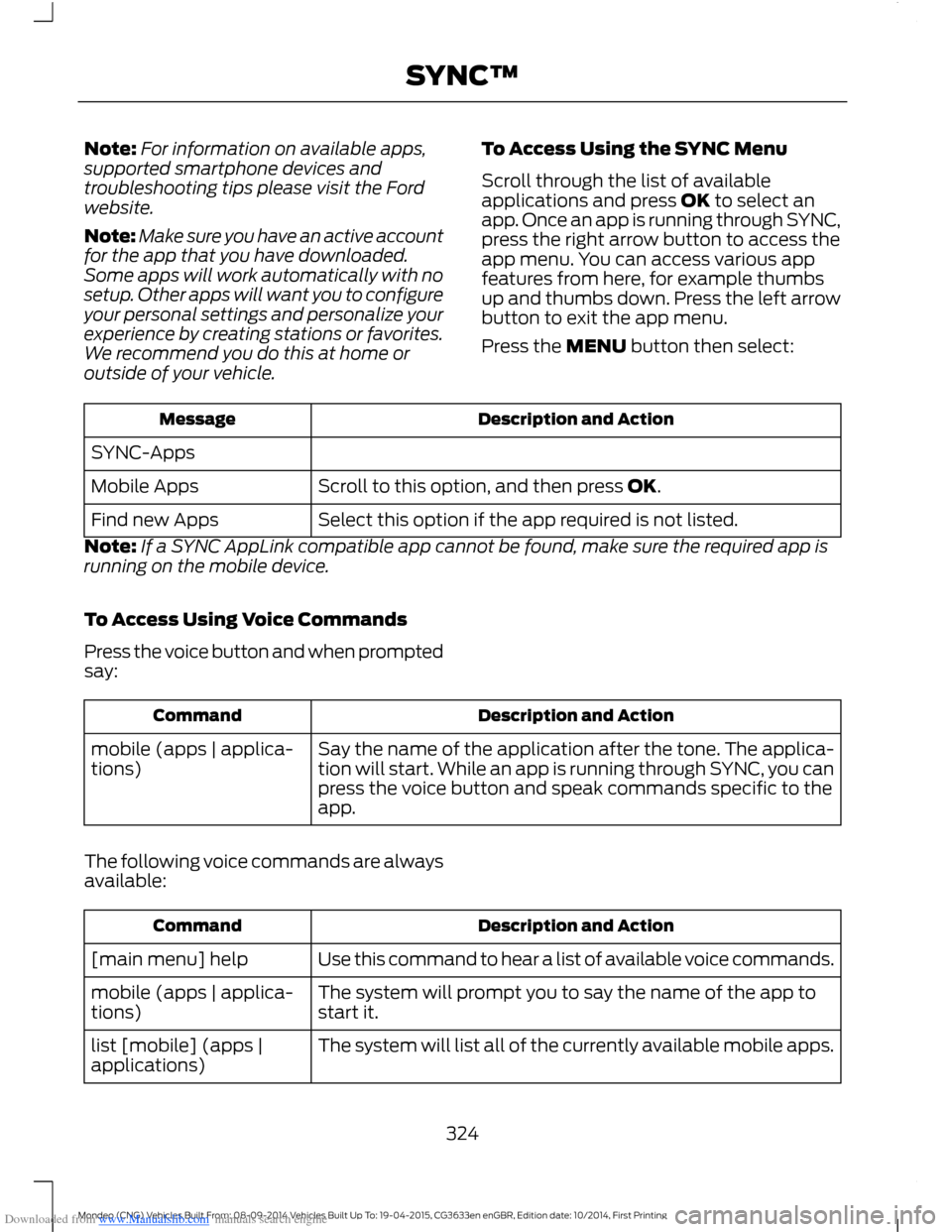 FORD MONDEO 2014 4.G Owners Manual Downloaded from www.Manualslib.com manuals search engine Note:For information on available apps,supported smartphone devices andtroubleshooting tips please visit the Fordwebsite.
Note:Make sure you ha FORD MONDEO 2014 4.G Owners Manual Downloaded from www.Manualslib.com manuals search engine Note:For information on available apps,supported smartphone devices andtroubleshooting tips please visit the Fordwebsite.
Note:Make sure you ha