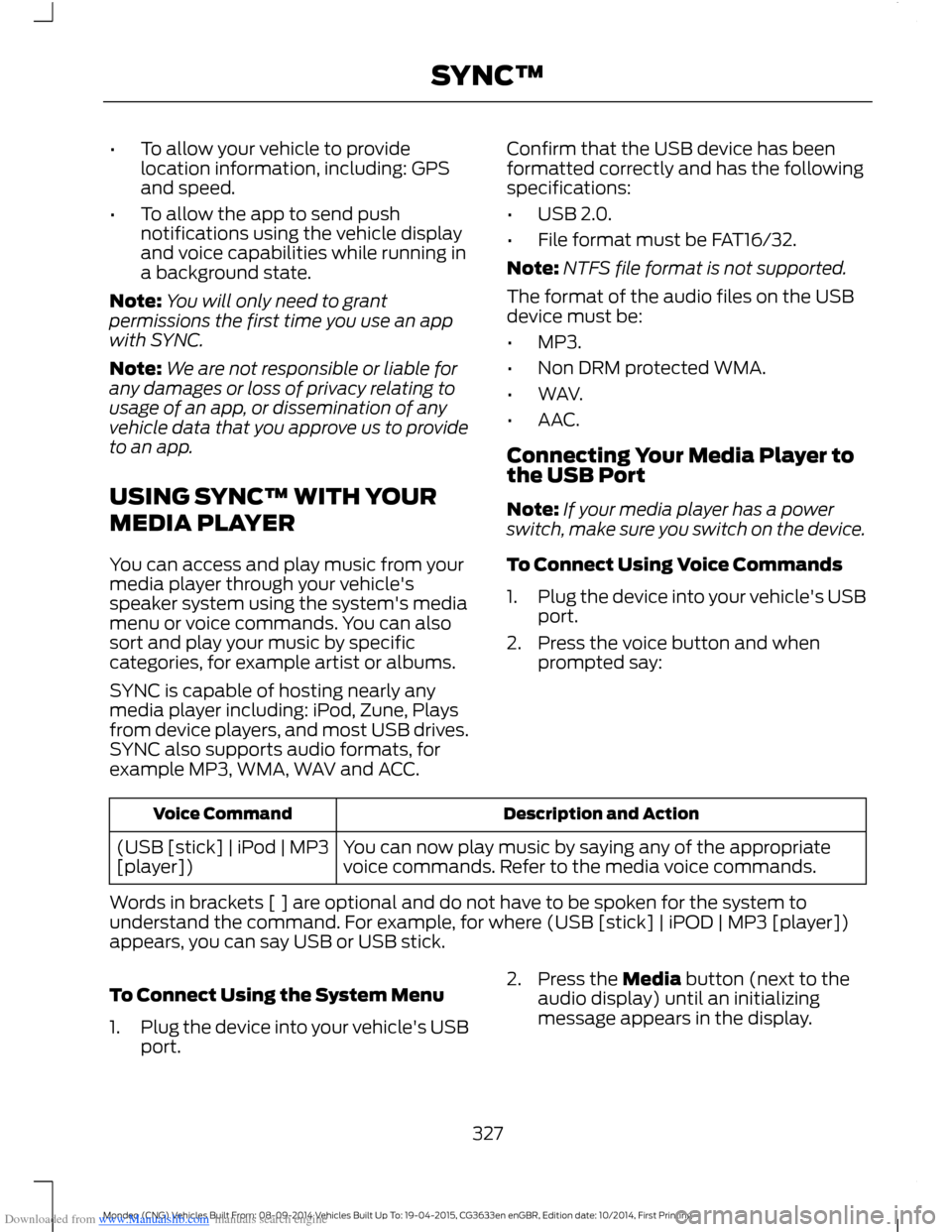 FORD MONDEO 2014 4.G Owners Manual Downloaded from www.Manualslib.com manuals search engine •To allow your vehicle to providelocation information, including: GPSand speed.
•To allow the app to send pushnotifications using the vehic