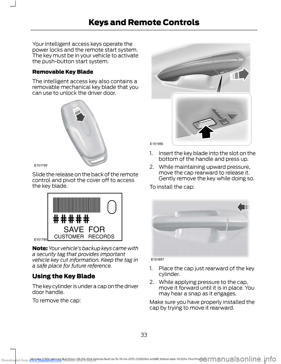 FORD MONDEO 2014 4.G Owners Guide Downloaded from www.Manualslib.com manuals search engine Your intelligent access keys operate thepower locks and the remote start system.The key must be in your vehicle to activatethe push-button star