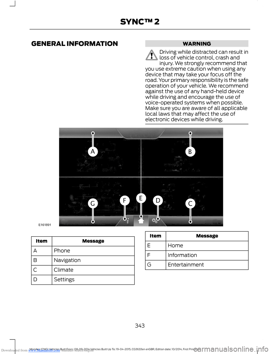 FORD MONDEO 2014 4.G Owners Manual Downloaded from www.Manualslib.com manuals search engine GENERAL INFORMATIONWARNING
Driving while distracted can result inloss of vehicle control, crash andinjury. We strongly recommend thatyou use ex