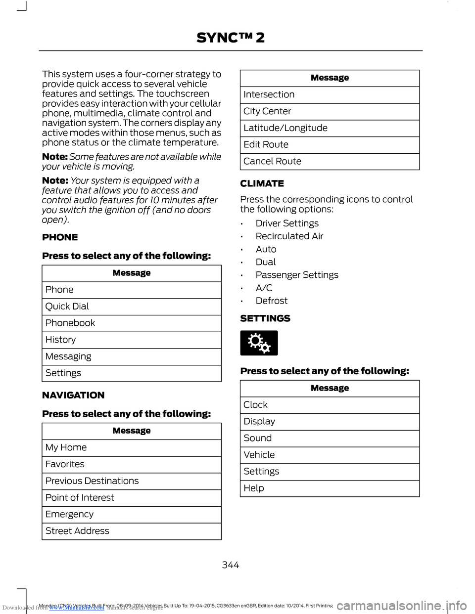 FORD MONDEO 2014 4.G Owners Manual Downloaded from www.Manualslib.com manuals search engine This system uses a four-corner strategy toprovide quick access to several vehiclefeatures and settings. The touchscreenprovides easy interactio FORD MONDEO 2014 4.G Owners Manual Downloaded from www.Manualslib.com manuals search engine This system uses a four-corner strategy toprovide quick access to several vehiclefeatures and settings. The touchscreenprovides easy interactio
