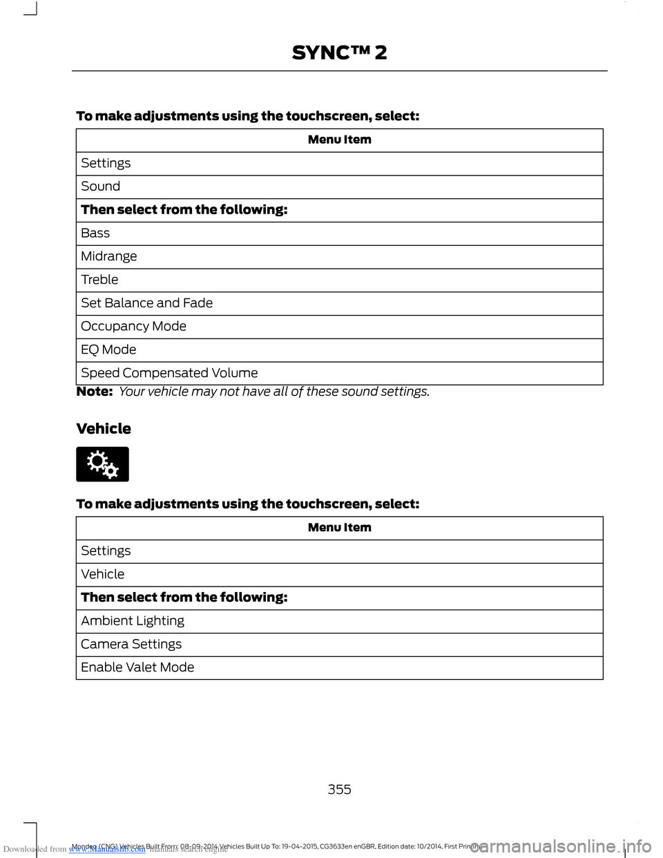 FORD MONDEO 2014 4.G Owners Manual Downloaded from www.Manualslib.com manuals search engine To make adjustments using the touchscreen, select:
Menu Item
Settings
Sound
Then select from the following:
Bass
Midrange
Treble
Set Balance an FORD MONDEO 2014 4.G Owners Manual Downloaded from www.Manualslib.com manuals search engine To make adjustments using the touchscreen, select:
Menu Item
Settings
Sound
Then select from the following:
Bass
Midrange
Treble
Set Balance an