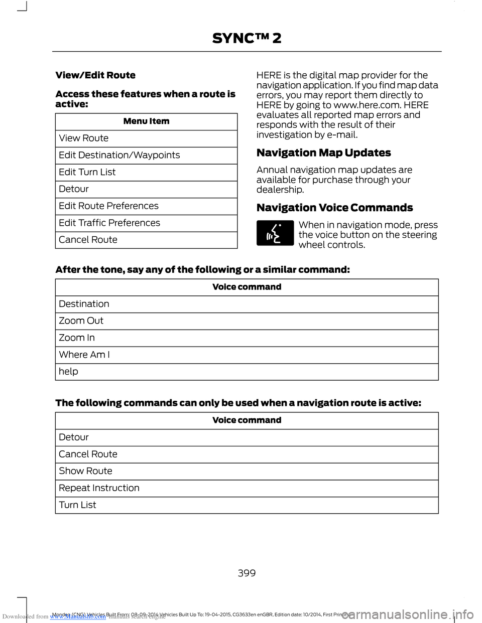 FORD MONDEO 2014 4.G Owners Manual Downloaded from www.Manualslib.com manuals search engine View/Edit Route
Access these features when a route isactive:
Menu Item
View Route
Edit Destination/Waypoints
Edit Turn List
Detour
Edit Route P FORD MONDEO 2014 4.G Owners Manual Downloaded from www.Manualslib.com manuals search engine View/Edit Route
Access these features when a route isactive:
Menu Item
View Route
Edit Destination/Waypoints
Edit Turn List
Detour
Edit Route P