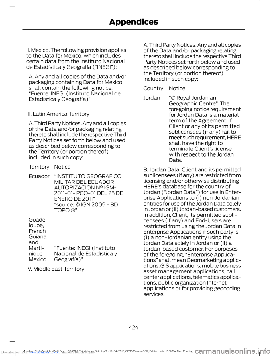 FORD MONDEO 2014 4.G Owners Manual Downloaded from www.Manualslib.com manuals search engine II. Mexico. The following provision appliesto the Data for Mexico, which includescertain data from the Instituto Nacionalde Estadística y Geog