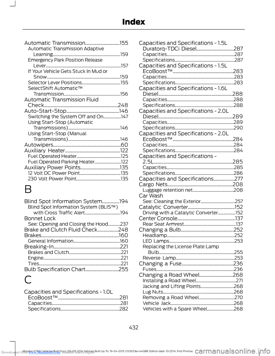 FORD MONDEO 2014 4.G Owners Manual Downloaded from www.Manualslib.com manuals search engine Automatic Transmission............................155Automatic Transmission AdaptiveLearning...................................................