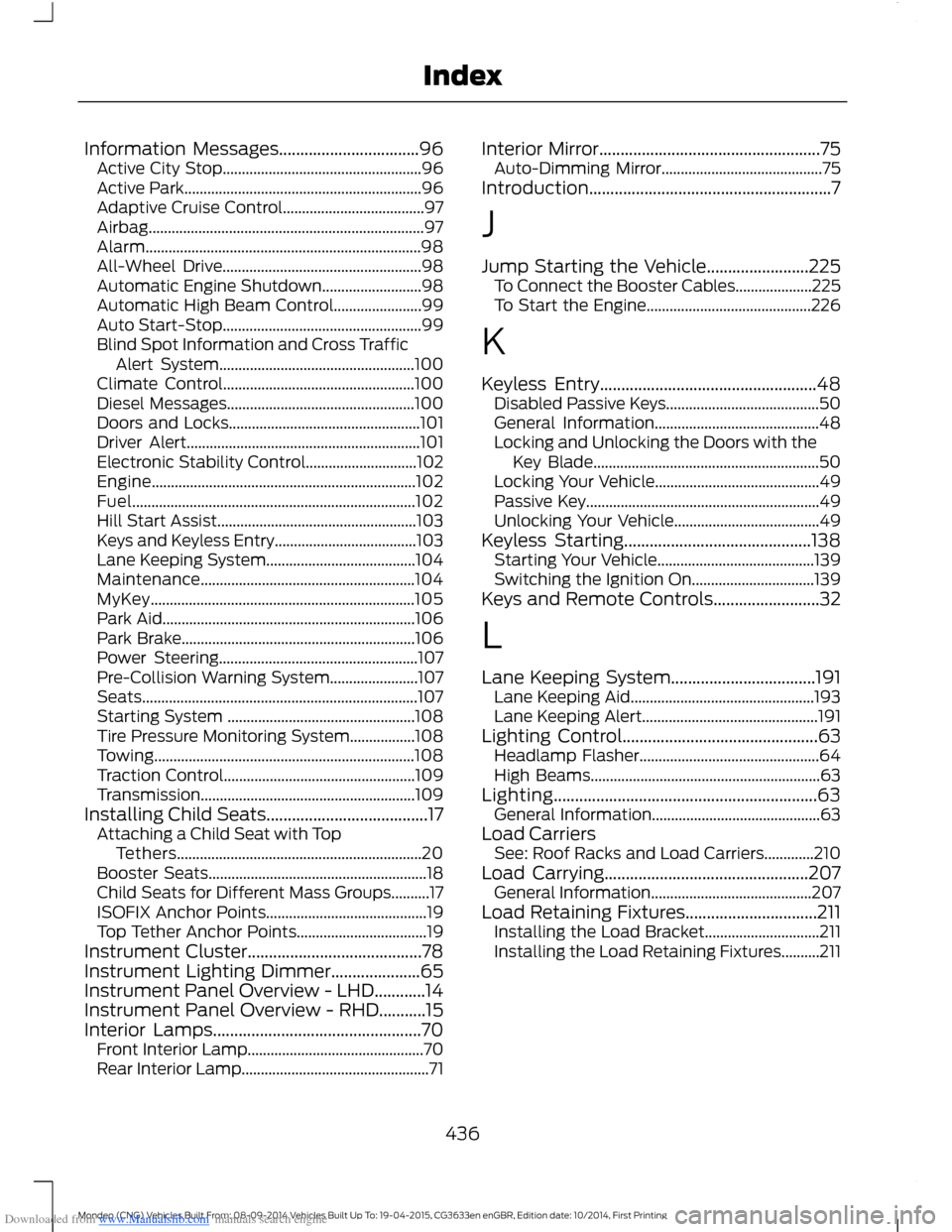 FORD MONDEO 2014 4.G User Guide Downloaded from www.Manualslib.com manuals search engine Information Messages.................................96Active City Stop....................................................96Active Park.......