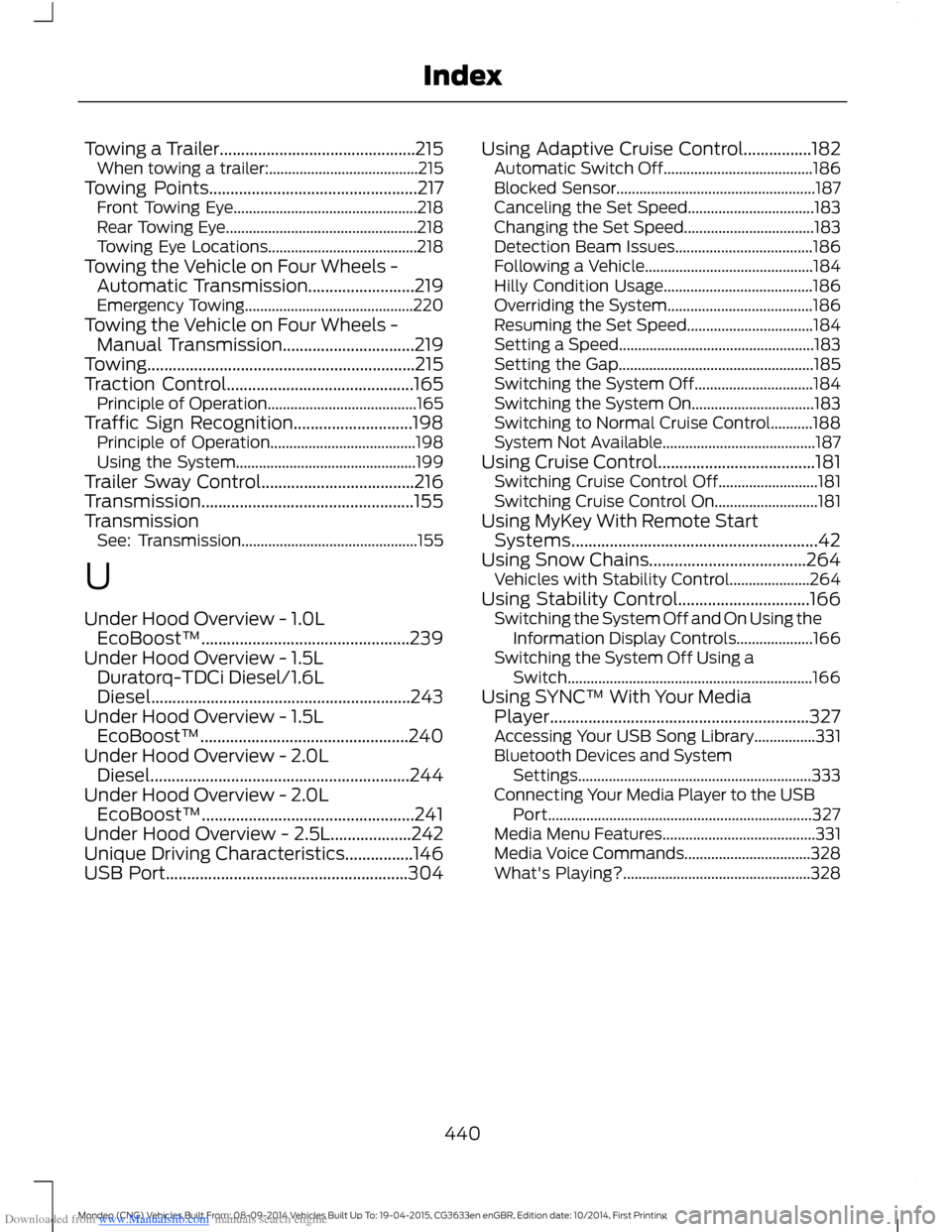 FORD MONDEO 2014 4.G Owners Manual Downloaded from www.Manualslib.com manuals search engine Towing a Trailer..............................................215When towing a trailer:.......................................215Towing Points.