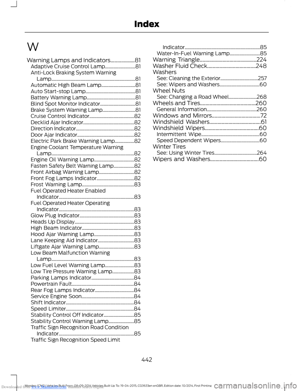 FORD MONDEO 2014 4.G Owners Manual Downloaded from www.Manualslib.com manuals search engine W
Warning Lamps and Indicators..................81Adaptive Cruise Control Lamp.........................81Anti-Lock Braking System WarningLamp..