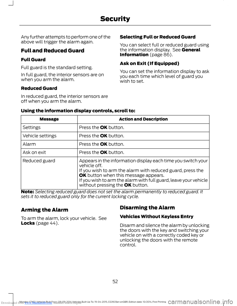 FORD MONDEO 2014 4.G Owners Manual Downloaded from www.Manualslib.com manuals search engine Any further attempts to perform one of theabove will trigger the alarm again.
Full and Reduced Guard
Full Guard
Full guard is the standard sett