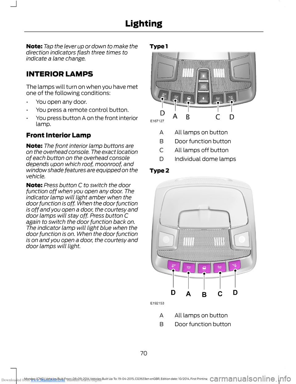 FORD MONDEO 2014 4.G Manual PDF Downloaded from www.Manualslib.com manuals search engine Note:Tap the lever up or down to make thedirection indicators flash three times toindicate a lane change.
INTERIOR LAMPS
The lamps will turn on FORD MONDEO 2014 4.G Manual PDF Downloaded from www.Manualslib.com manuals search engine Note:Tap the lever up or down to make thedirection indicators flash three times toindicate a lane change.
INTERIOR LAMPS
The lamps will turn on