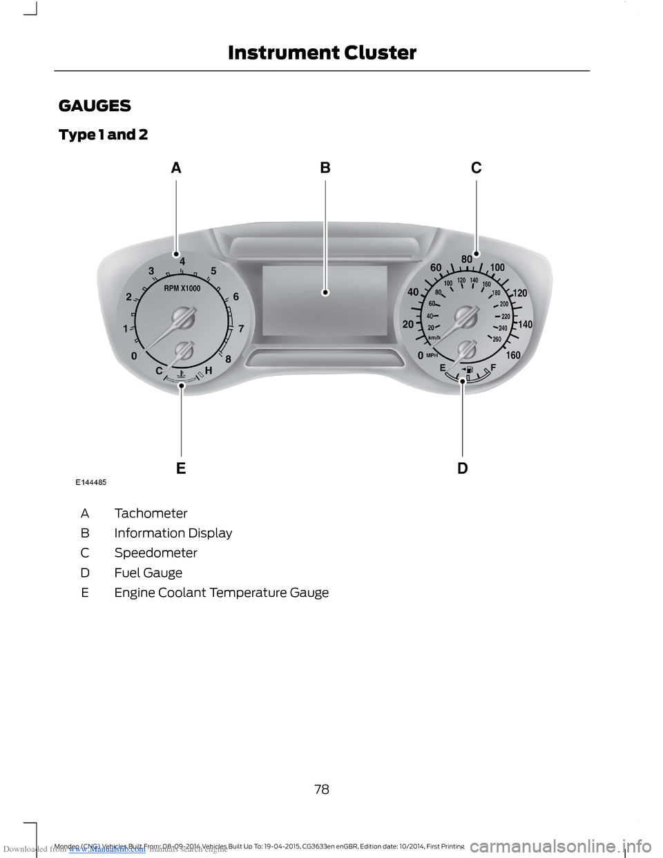 FORD MONDEO 2014 4.G Manual PDF Downloaded from www.Manualslib.com manuals search engine GAUGES
Type 1 and 2
TachometerA
Information DisplayB
SpeedometerC
Fuel GaugeD
Engine Coolant Temperature GaugeE
78Mondeo (CNG) Vehicles Built F FORD MONDEO 2014 4.G Manual PDF Downloaded from www.Manualslib.com manuals search engine GAUGES
Type 1 and 2
TachometerA
Information DisplayB
SpeedometerC
Fuel GaugeD
Engine Coolant Temperature GaugeE
78Mondeo (CNG) Vehicles Built F
