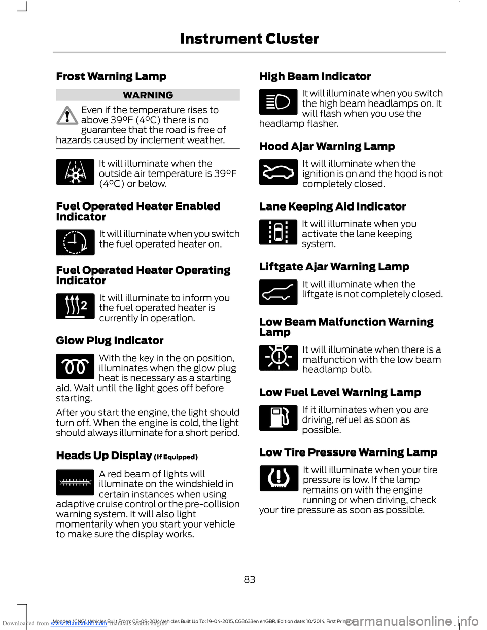 FORD MONDEO 2014 4.G Owners Manual Downloaded from www.Manualslib.com manuals search engine Frost Warning Lamp
WARNING
Even if the temperature rises toabove 39°F (4°C) there is noguarantee that the road is free ofhazards caused by in