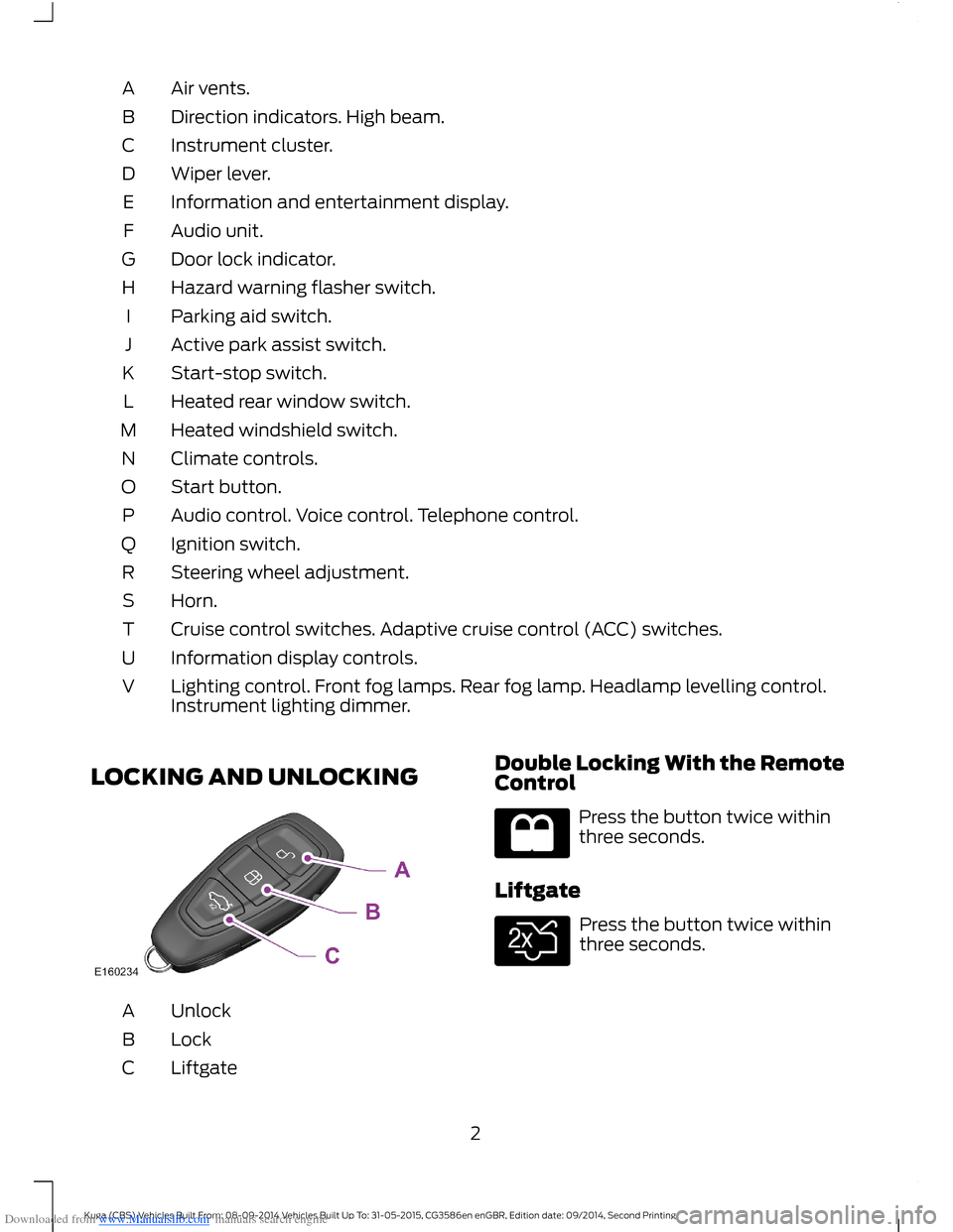FORD KUGA 2015 2.G Owners Manual Downloaded from www.Manualslib.com manuals search engine Air vents.A
Direction indicators. High beam.B
Instrument cluster.C
Wiper lever.D
Information and entertainment display.E
Audio unit.F
Door lock FORD KUGA 2015 2.G Owners Manual Downloaded from www.Manualslib.com manuals search engine Air vents.A
Direction indicators. High beam.B
Instrument cluster.C
Wiper lever.D
Information and entertainment display.E
Audio unit.F
Door lock