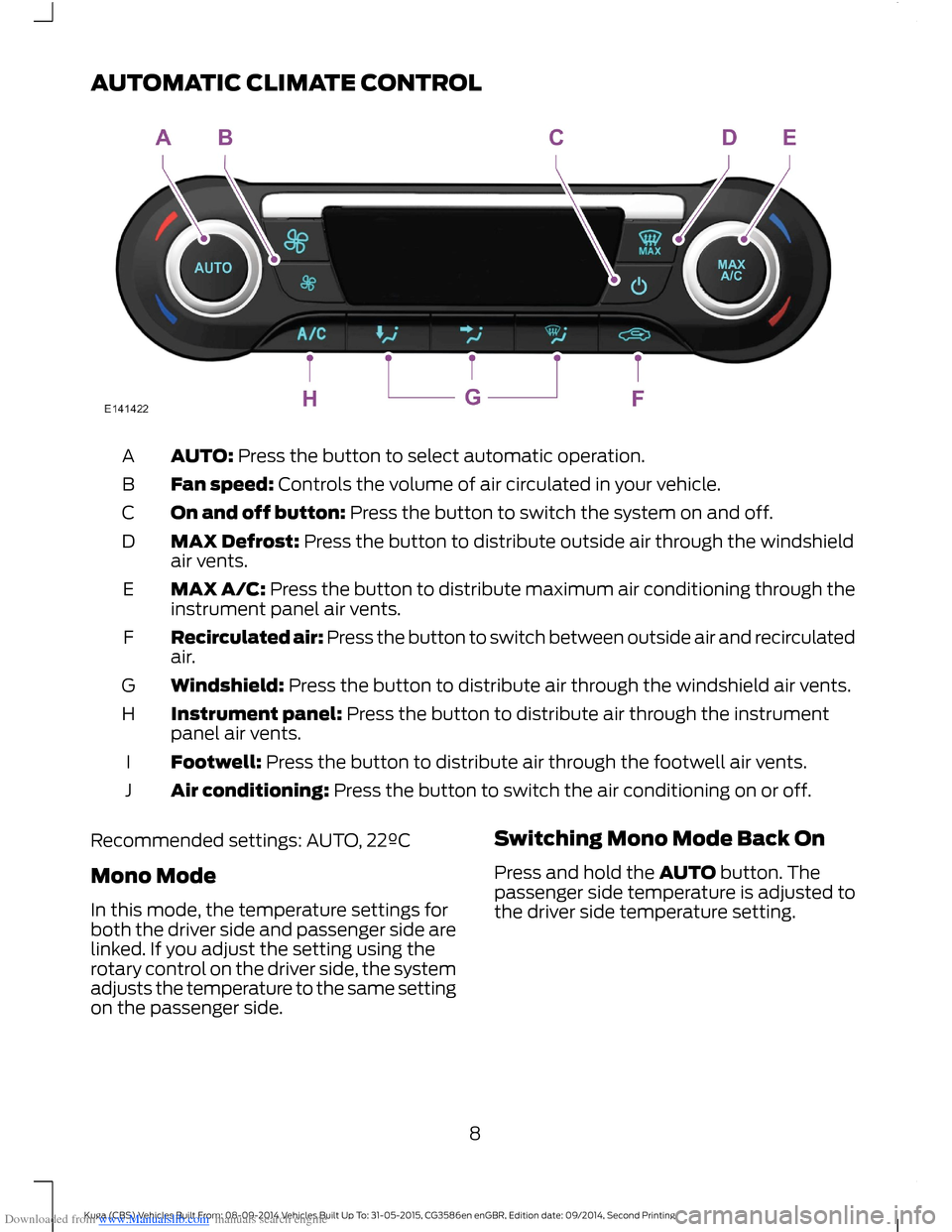 FORD KUGA 2015 2.G Owners Manual Downloaded from www.Manualslib.com manuals search engine AUTOMATIC CLIMATE CONTROL
AUTO: Press the button to select automatic operation.A
Fan speed: Controls the volume of air circulated in your vehic