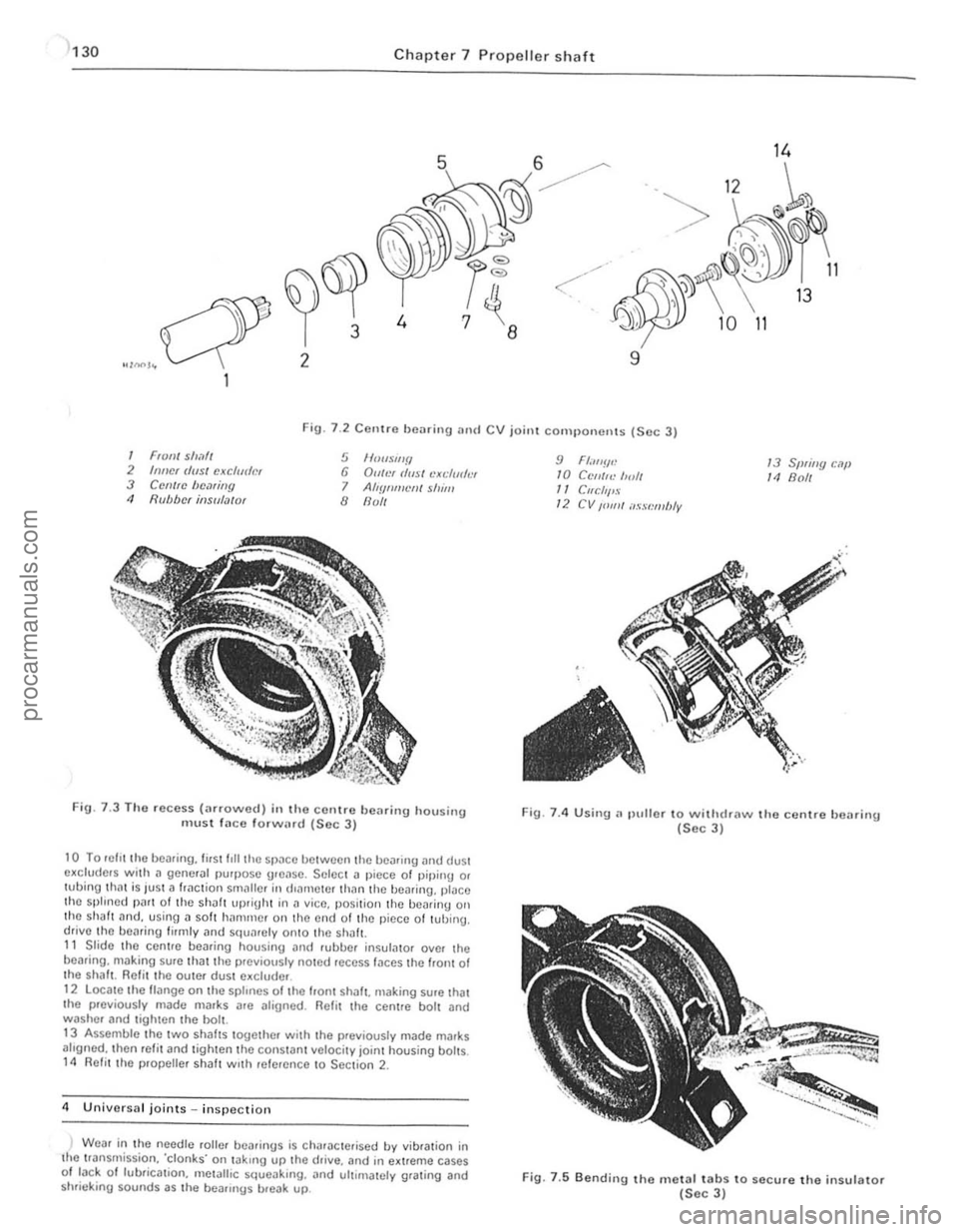 FORD CAPRI 1974 Workshop Manual 130 Chapte r 7 Pro pelle r sh aft
14
. 12 ~
"> ., I>
" 10 11
9 a
·6)6f
. -r 3
~I"")~ 2
Fig. 7 .2 CCllIre bearing and CV joint cOIll I)onenls (Sec 3)
1 FIO,,/ sll,1// 2 Inncr (/(I FORD CAPRI 1974 Workshop Manual 130 Chapte r 7 Pro pelle r sh aft
14
. 12 ~
"> ., I>
" 10 11
9 a
·6)6f
. -r 3
~I"")~ 2
Fig. 7 .2 CCllIre bearing and CV joint cOIll I)onenls (Sec 3)
1 FIO,,/ sll,1// 2 Inncr (/(I