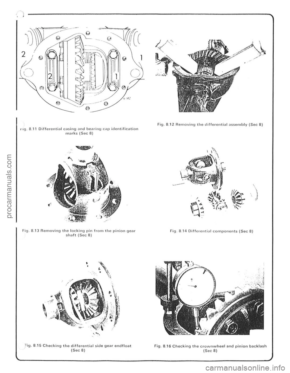 FORD CAPRI 1974  Workshop Manual . ) 
r9 8.11 Differential ClOsing and bCiHillU C<lP identificatio n nrks (Sec 8) 
Fig. 8 .1 3 Removing tholockinu pin IrOtlllh c pinion goar shaft (Sec 8) 
• 
 • ......  
• • I , , , 
I