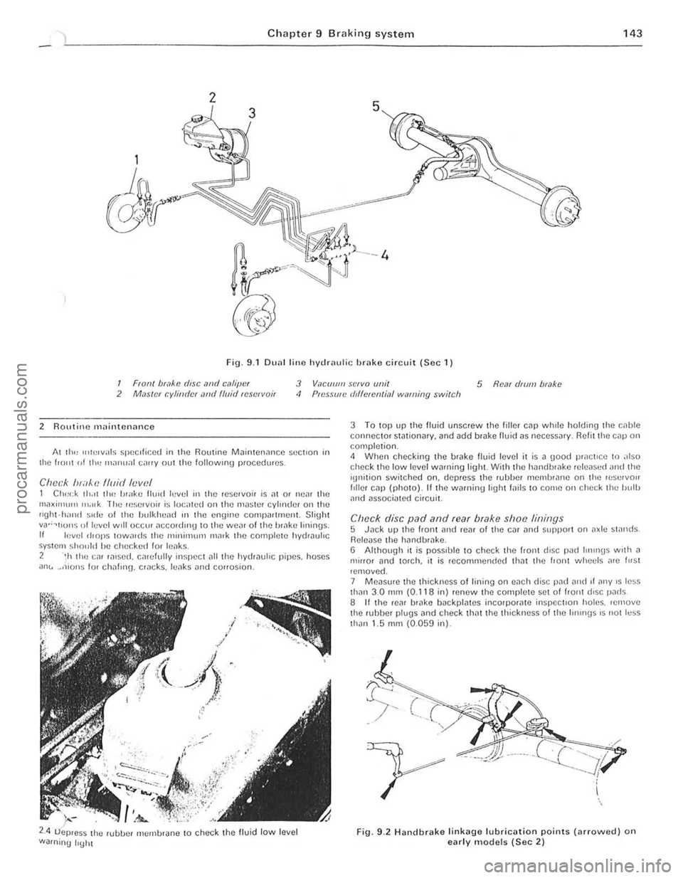 FORD CAPRI 1974  Workshop Manual ) Chapter 9 Braking syste m 143 
2 
Fig. 9.1 DU<lI  linc hydn.ulic brnke circuit (Sec 1) 
1 2 Fron! br,)k(1 disc ,1nil c<1IijJ~'f M,lS/IH cylinder and I/uid resefvoir 3 V,KIIUIn sClva unit 5 ReM d
