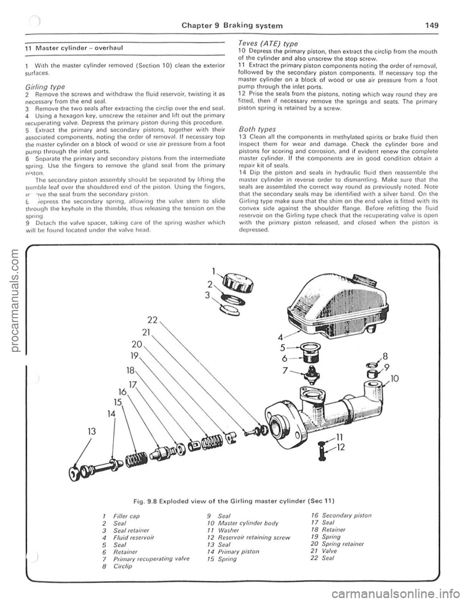 FORD CAPRI 1974 User Guide 1 Chapter 9 Braki ng system 1 49
,1 M aste r cylinder -overhaul
With tho m<lster cylinder removed (SeClion 10) clean the exterior sudaces.
Girling type 2 Removo the SCleW$ and withdraw rhe fl FORD CAPRI 1974 User Guide 1 Chapter 9 Braki ng system 1 49
,1 M aste r cylinder -overhaul
With tho m<lster cylinder removed (SeClion 10) clean the exterior sudaces.
Girling type 2 Removo the SCleW$ and withdraw rhe fl