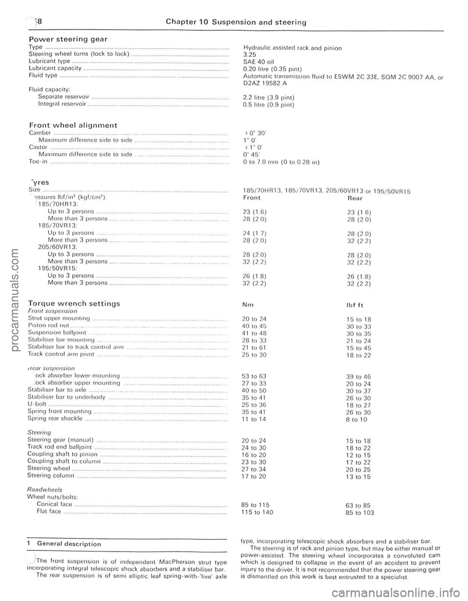 FORD CAPRI 1974  Workshop Manual )8 Chapter 10 Suspension and steering 
Power steerin g gear Type .. Steer ing  wheel turns (lock to lock) lubrican t Iype, Lubricant capacity . Fluid Iype . 
Fluid cilpacily: Sepilrilte reservoir . In