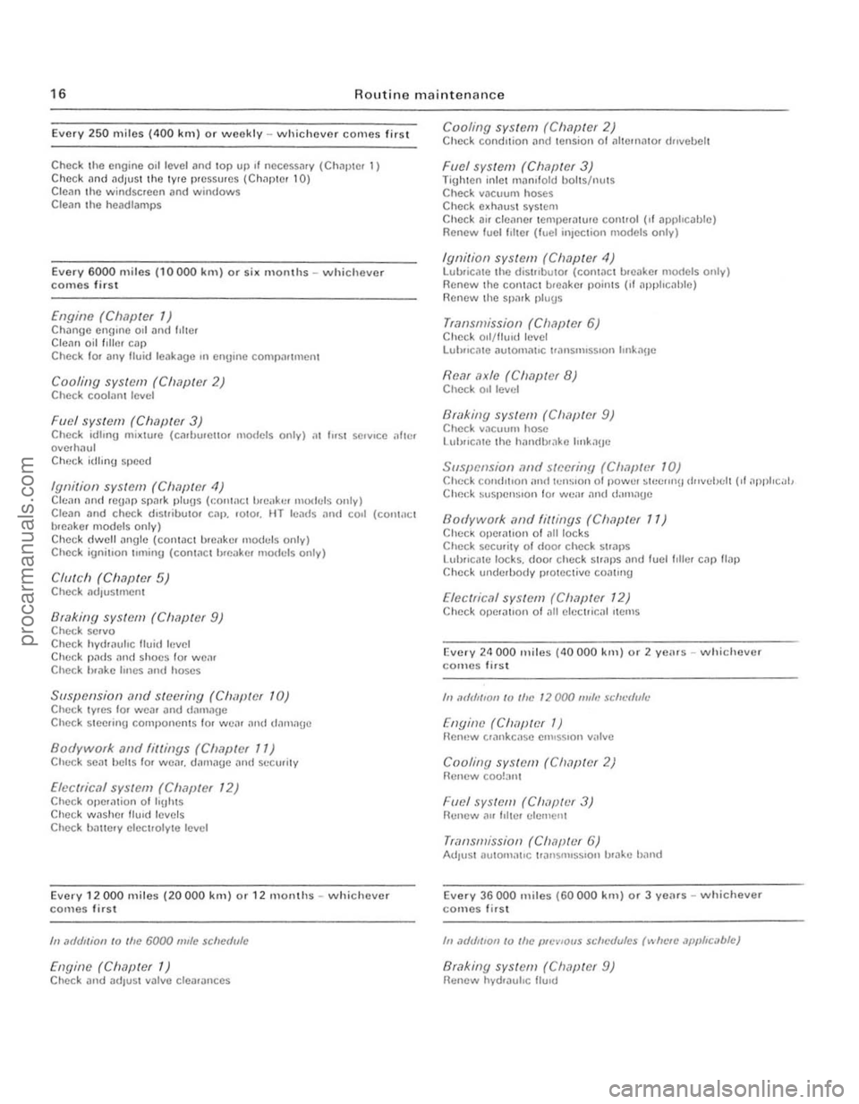 FORD CAPRI 1974 User Guide  " , 
6 Routine maintenance 
) 
Every 250 miles (400 lUll) or weekly -whichever comes first 
Check the engine 011 level and lOp up "  OCCCSSJry (Chapler 1) Check and adlus t lhe IYIC pressures (Chilp