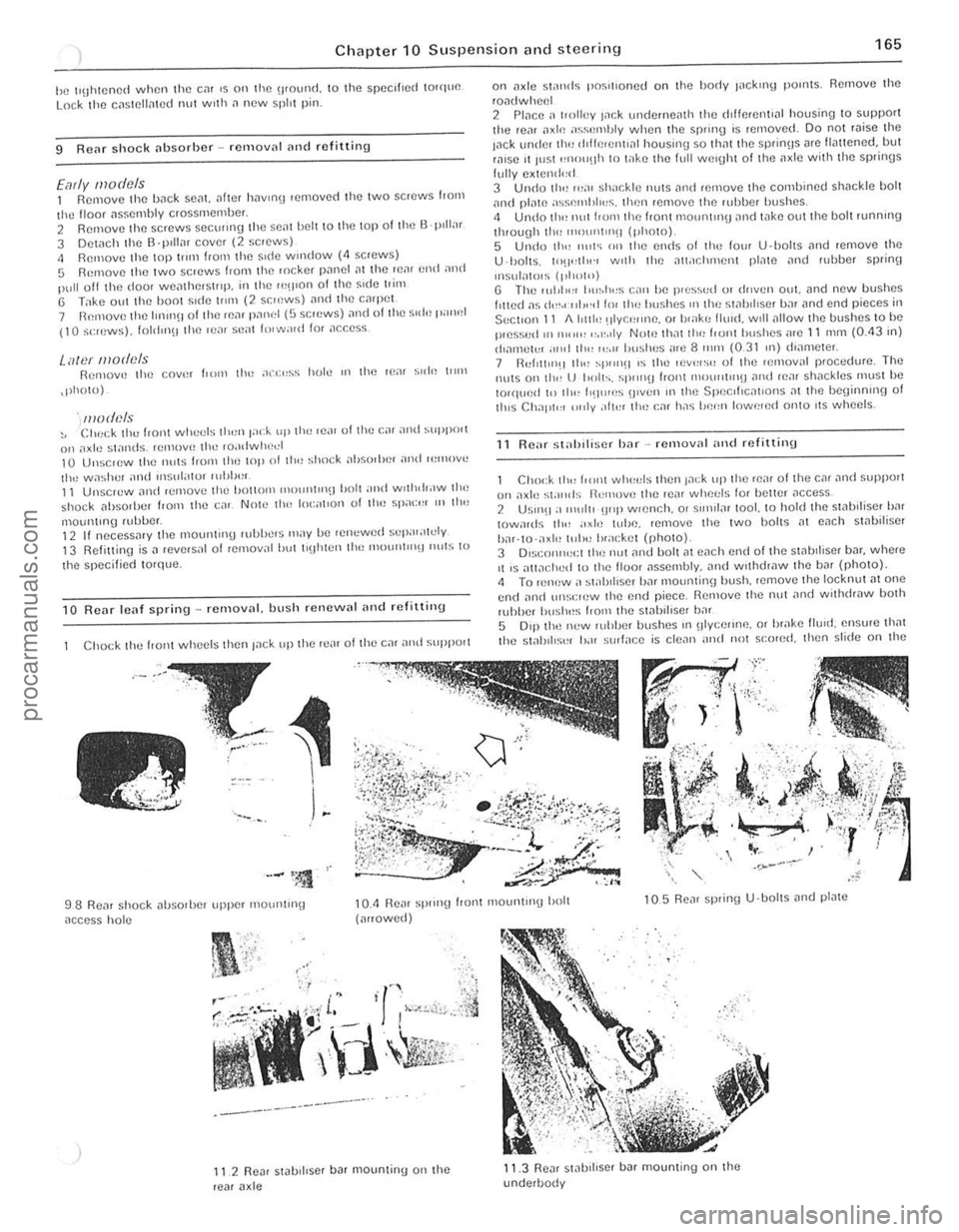 FORD CAPRI 1974 Workshop Manual Chapter 10 Suspensio n and ste e ring 165
he IllJhlCned when Ihe em IS on Ihe 1IOUI1(1. \0 Ihe speclhe(1 100quO Lock Iho cnSlC\lnlCd I1UI wllh n new spill pin.
9 Renr shock nbsorbcr -rClllovnl nll FORD CAPRI 1974 Workshop Manual Chapter 10 Suspensio n and ste e ring 165
he IllJhlCned when Ihe em IS on Ihe 1IOUI1(1. \0 Ihe speclhe(1 100quO Lock Iho cnSlC\lnlCd I1UI wllh n new spill pin.
9 Renr shock nbsorbcr -rClllovnl nll
