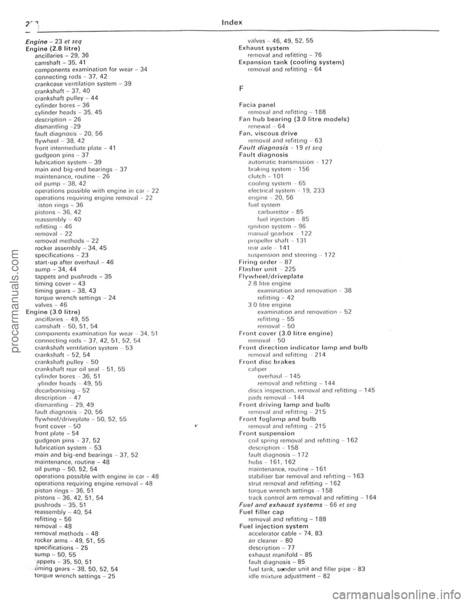 FORD CAPRI 1974  Workshop Manual " .... Index 
------ --------------------------------------
Engine -23 cl $cq Engine (2 .8 litro) lmcillllries -29.  36 camshaft -35,  41 components e~aminlltion for wear -34 connecting  rods -37. 42 